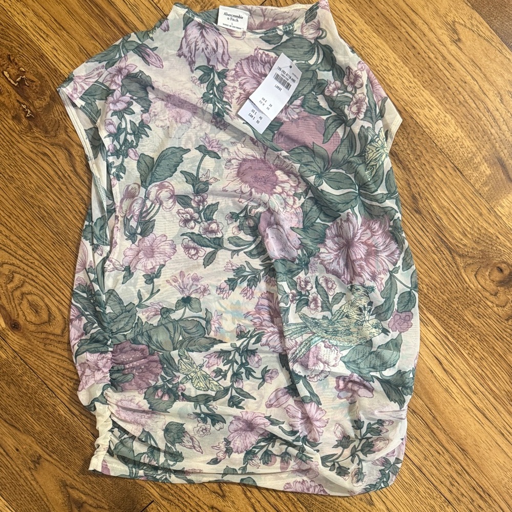 Abercrombie & Fitch Floral Short Sleeve Sheer Top - Pink and Green